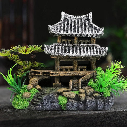 Classical Lifelike Chinese Landscape Resin Aquarium Castle Decorations, Fish Tank Ornaments (Building)
