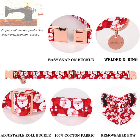 DOGWONG Christmas Dog Collar with Sailor Bow, Red Santa claus Dog Collar Soft Durable Adjustable Cotton Puppy Collar for Small Medium Large Dog