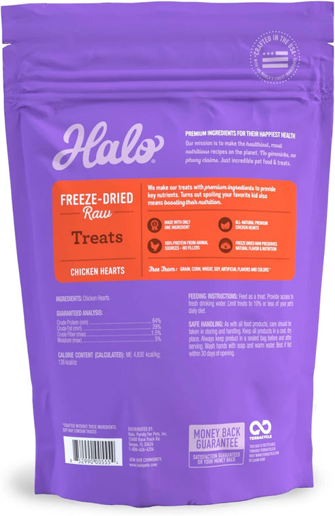 Halo Raw Freeze Dried Dog Treats: Chicken Hearts Recipe, 2-OZ Pouch for All Life Stages