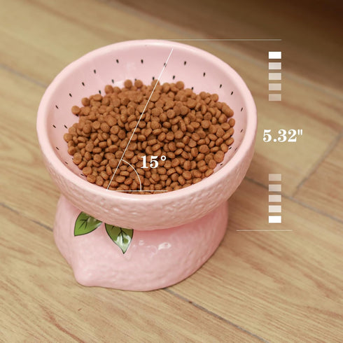 Cat Food Bowl Whisker Friendly, Ceramic Raised Bowl for Indoor Cats, Extra Wide Tilted Dish in Pink