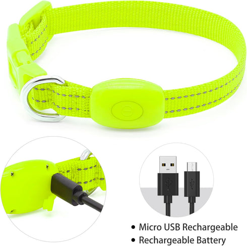 Light Up Dog Collar for Small Dogs - Vizpet XS Adjustable Nylon USB Rechargeable Safety Collar for Cats Dogs (Green)