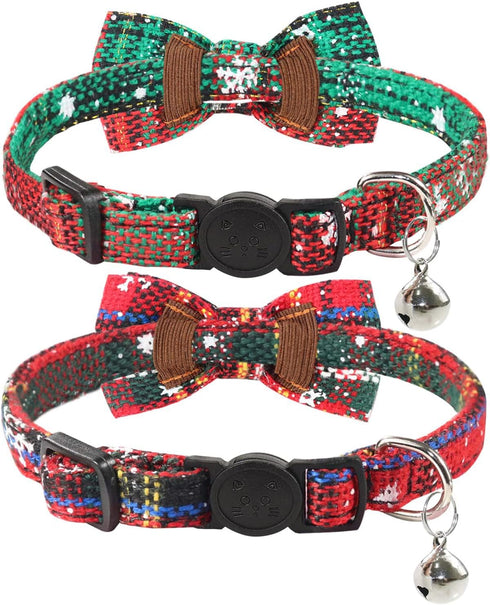 Joytale Upgraded Christmas Cat Collar with Bells, Breakaway Bow Tie, 2 Pack Safety Plaid Kitten Collars