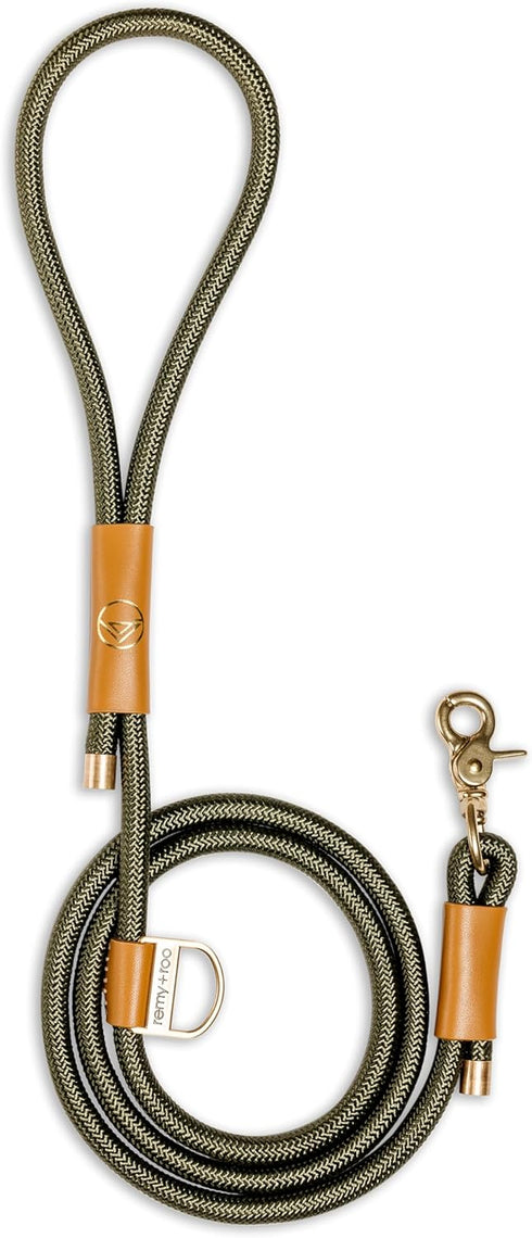 Remy+Roo Manhattan Olive 5 ft Heavy Duty Dog Leash, Custom Waste Bag Ring, Double Stitched Leather, Brass Finishes
