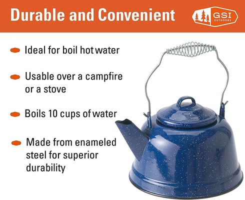 GSI Outdoors Tea Kettle - Enameled Steel 10 Cup for Outdoor Cooking, Camping, Cabin, Home Kitchen