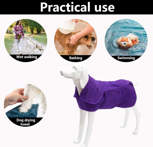 Geyecete Dog Drying Coat, Microfibre Fast Drying Super Absorbent Pet Dog Bath Robe Towel (Purple, S)