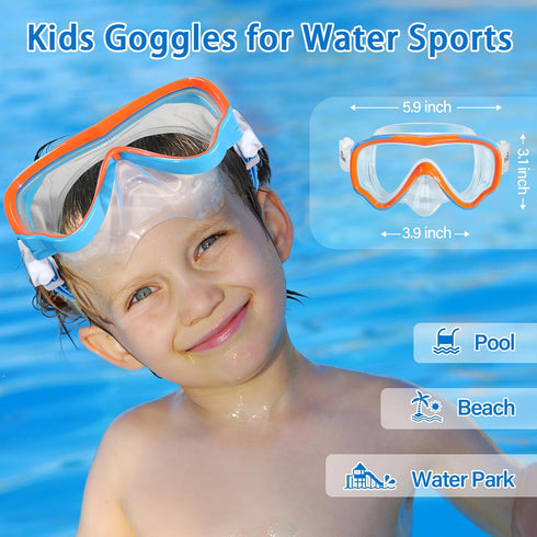 Freela Kids Swim Goggles Diving Mask for Youth 6-14, Tempered Glass Lens with Nose Cover
