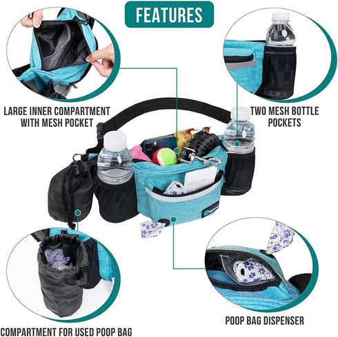 PetAmi Dog Fanny Pack, Treat Pouch for Walking, Built-in Poop Bag Dispenser, Water Bottle Holder (Turquoise)
