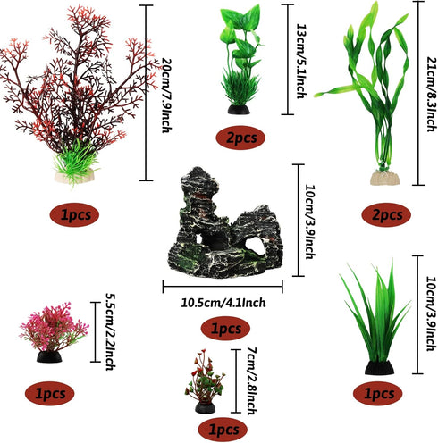 Fish Tank Decorations Plants with Resin Cave Rock View, 9pcs Plastic Aquarium Accessories, Fish Cave and Hideout