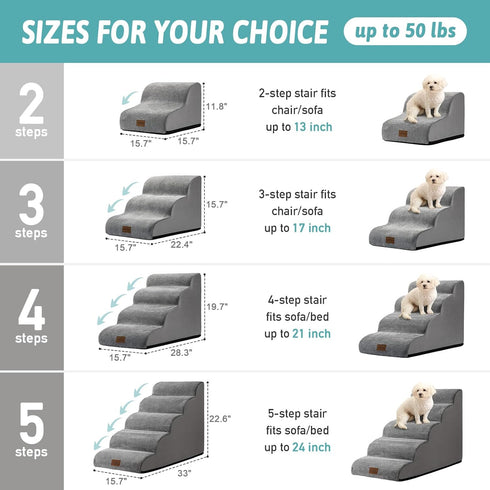 Dog Stairs for Couch or Low Bed, Small Dogs Ramp with Leakproof Fabric Cover, Non-Slip Foam Pet Steps, Grey, 3 Tiers