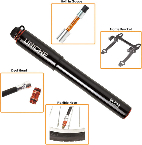 UNICHE Tech HV Bike Frame Pump with Gauge, Fits Presta & Schrader, Portable Mini Bicycle Pump