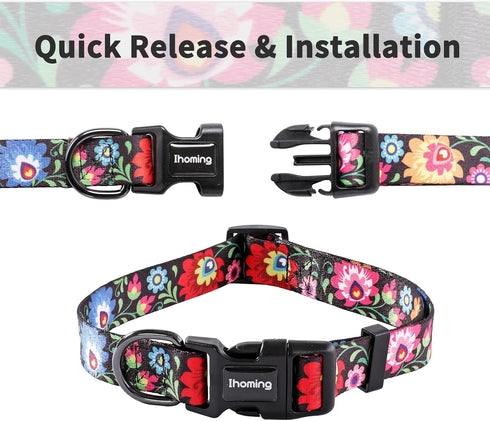 Ihoming Dog Collar and Leash Set for Daily Outdoor Walking, Black Colorful Flowers Design for Small Boys Girls Dogs