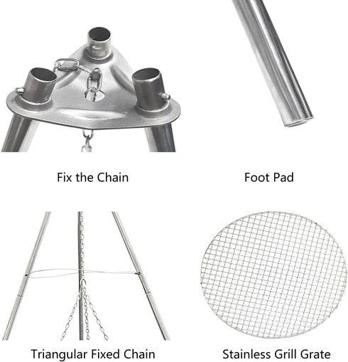 YBTMG Camp Fire Tripod for Cooking, Stainless Steel Camping Fire Grill with Adjustable Chain for BBQ