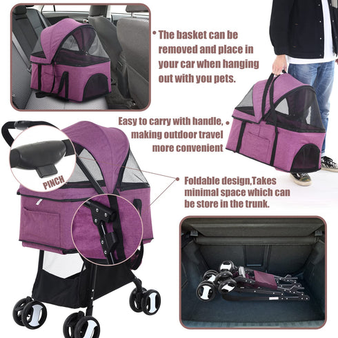 NChanmar 3-in-1 4 Dog Stroller Folding Dog Stroller for Medium Small Dogs Pet Stroller Cat Stroller Wheels