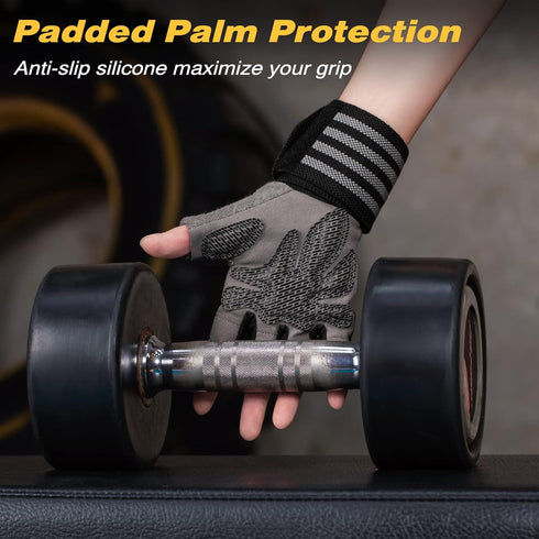 Workout Gloves with Wrist Wrap Support for Men & Women, Weight Lifting Gloves Anti-Slip Padded Palm Fingerless Exercise