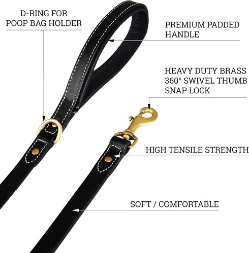 Heavy Duty Genuine Leather Dog Leash, Hand Made for Small, Medium & Large Breeds, Soft Padded Handle, Black, Brown, 5'