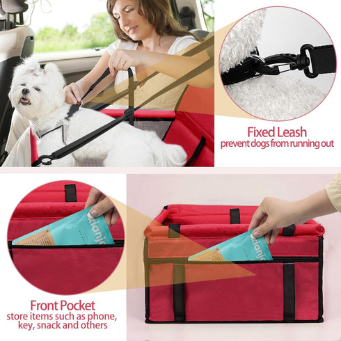 PetsHome Foldable Dog Car Seat, Waterproof Booster Seat for Small to Medium Dogs, Breathable Oxford Travel Bag, Pure Red