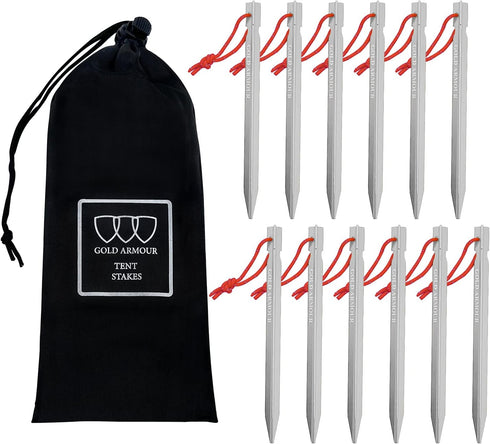 Gold Armour Tent Stakes - 12 Pack Heavy Duty, Lightweight Camping Pegs for Outdoor Tent and Tarp
