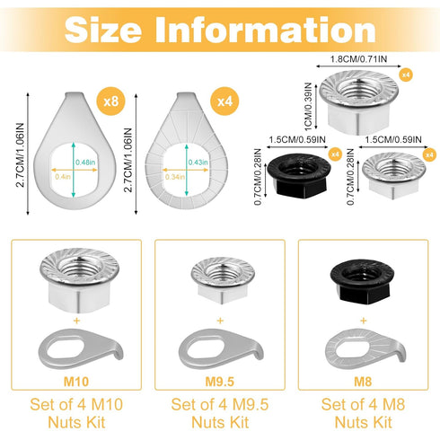 FOJOO 24PCS 3 M8/M9.5/M10 Bike Axle Nuts & Safety Washers Kit, Sizes Bicycle Wheel Hub Nuts, Front & Rear Wheel
