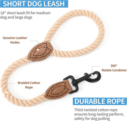 Mile High Life 18 Inch Short Dog Leash, Braided Cotton Rope with Leather Tailor Tip, Heavy Duty Metal Clasp