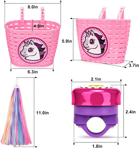 Kids Bike Basket Set for Girls, Handlebar Basket with Unicorn Bracelet, Bell, Streamers, and Sunglasses
