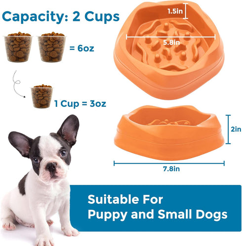 Slow Feeder Dog Bowls Non Slip Puppy Bowl Durable Dog Puzzle Feeder Dog Food Bowls for Puppy and Small Dogs, BPA Free, 2 Cups, Orange