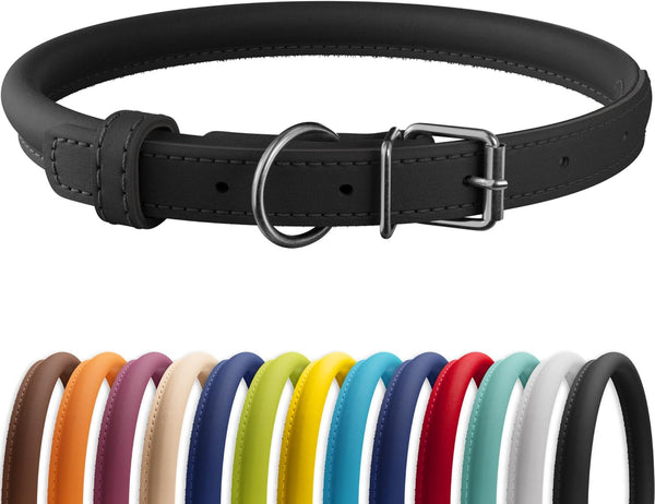 CollarDirect Rolled Leather Dog Collar, Soft Padded Round Puppy Collar, Handmade Genuine Leather (6 Inch, Black)