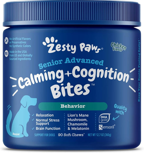 Zesty Paws Senior Advanced Calming & Cognition Soft Chews for Dogs - Brain Health & Nervous System Support with