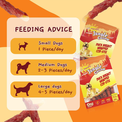 10.6oz Jungle Calling Duck Wrapped Cod Sticks Dog Treats, Rawhide Free Training Rewards Snacks for Dogs, Natural Chewy
