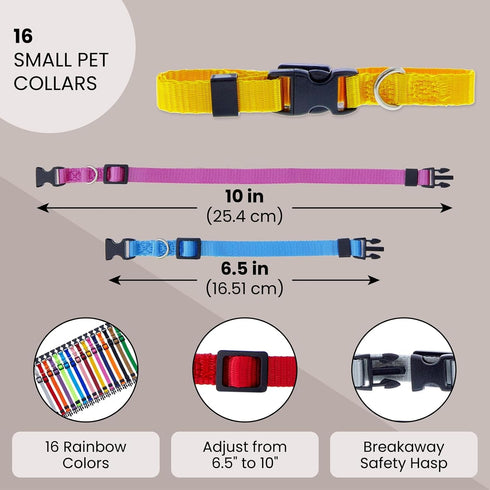 Okuna Outpost 16 Pack Adjustable Breakaway Puppy Collars for Small Pets, Soft Nylon Whelping Collars, 16 Rainbow