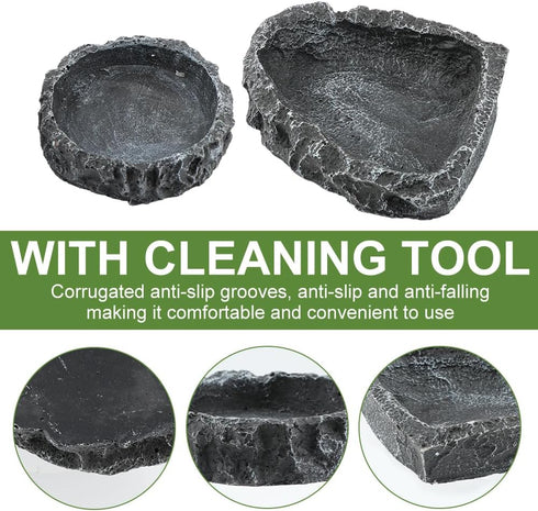 Reptile Bowls, 2 Pcs Feeding Dish with Clamp & Shovel, Resin Rock Water & Food Bowls for Reptiles