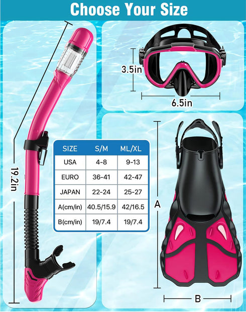 Snorkel Set with Fins for Adults, Snorkeling Gear Combo Set with Dry Top Snorkel Mask & Travel Bag