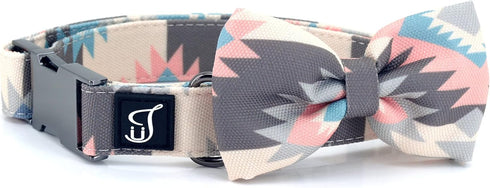 Ultra Joys Dog Collar with Bowtie - Soft Comfortable Cotton Fabric with Durable Metal Buckle in Boho Aztec Design - Small Size Collar with Removable Bow Tie
