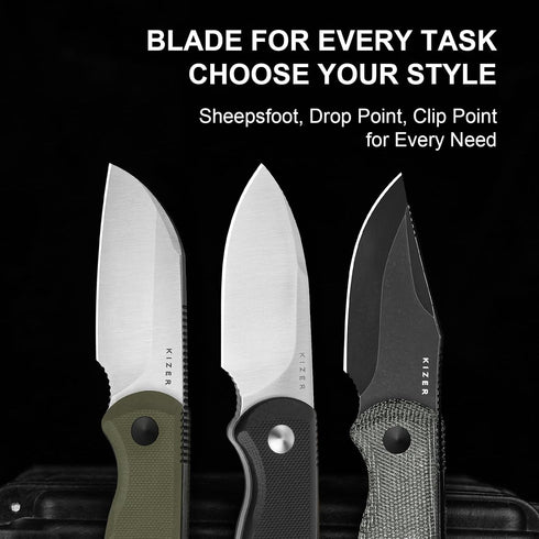 2.57" D2 G10 1094M2 Kizer Drop Bear Fixed Blade Knife, Satin Blade EDC Camping Knife with Black Handle and Hidden