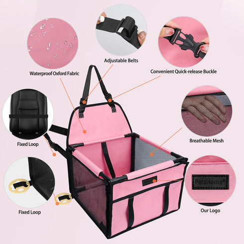PetsHome Dog Car Seat, Upgrade Foldable Booster Seat with 12 PVC Tubes, Waterproof for Small to Medium Dogs (Pure Pink)