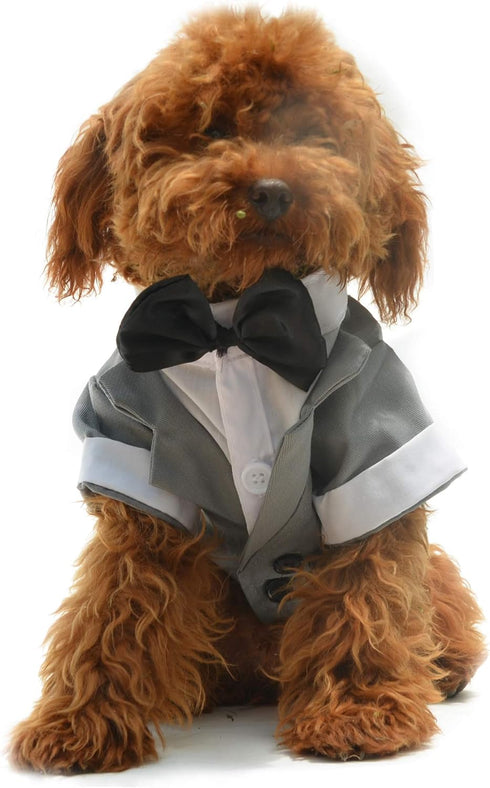 Lovelonglong Pet Costume Dog Suit, Formal Tuxedo with Black Bow Tie for Small Size Dogs, Gray