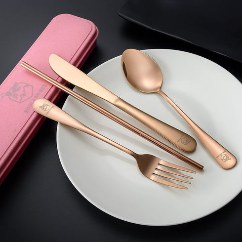 | Travel Utensils Set | Reusable Camping Cutlery Set | Stainless Steel Flatware Set | Portable Silverware Set with Case | Includes Knife/Fork/Spoon/Straw/Cleaning Cloth/Case (Rose gold)