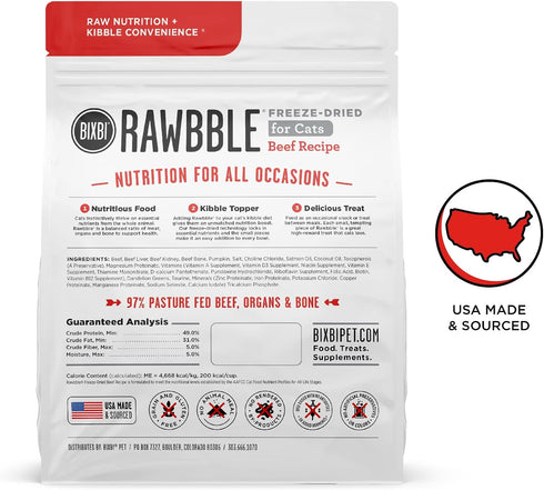 BIXBI Rawbble Freeze Dried Cat Food, Beef Recipe, 3.5 oz - 97% Meat and Organs, No Fillers - Pantry-Friendly Raw Cat Food for Meal, Treat or Food Topper - USA Made in Small Batches