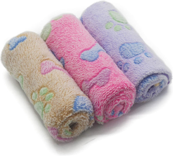 1 Pack 3 Puppy Blankets Fluffy Premium Fleece Cute Bone Print Warm Sleep Mat for Small Dogs & Cats, Small (23"x15")