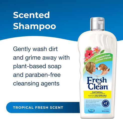 Pet-Ag Fresh ’n Clean Oatmeal ’n Baking Soda Shampoo - Tropical Fresh Scent - 18 oz - Nurtures Dry, Itchy & Sensitive Skin with Vitamin E & Aloe - Strengthens & Repairs Coats - Soap Free