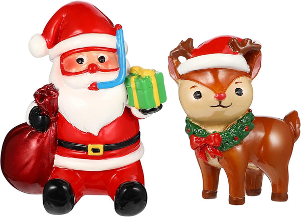 Christmas Aquarium Decoration, 2pcs Santa Claus Reindeer Figurines Resin Ornament for Holiday Fish Tank