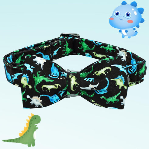 Adjustable Soft Dog Collar with Bow Tie, Cute Dinosaur Print, Gift Collar for Small Dogs