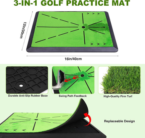 10mm Foldable Golf Hitting Mat with EVA Base, Premium Dual-Turf Golf Practice Mat for Indoor/Outdoor Training