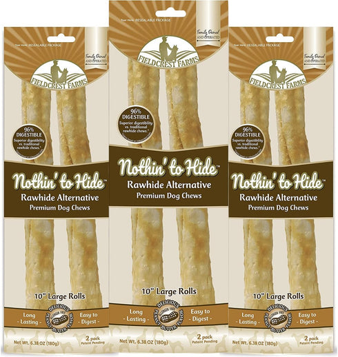 Fieldcrest Farms Premium Grade Natural Rawhide Alternative Chews, 10'' Rolls for Dogs, 3 Pack (6 Chews) - Easily