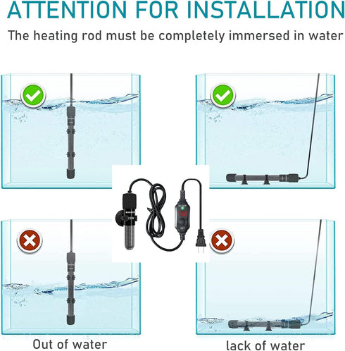 Small Submersible Aquarium Heater, Adjustable Mini Heater 25/50/100/150/200/300 Watts for 1-60 Gallons
