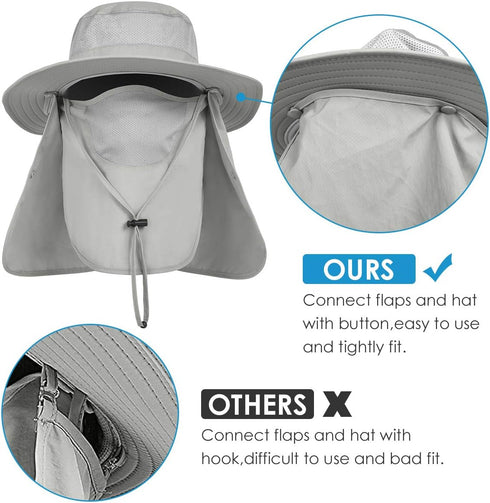 IYEBRAO Mens Outdoor Sun Hat with Face Neck Flap, UV Protection Wide Brim Fishing Hat for Hiking and Gardening
