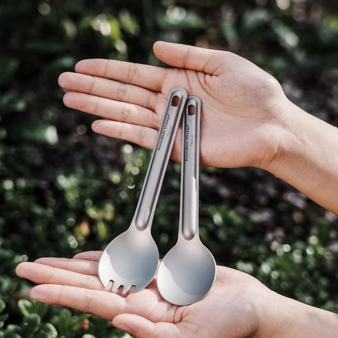Set 2 Packed Boundless Voyage Camping Spork and Spoon Titanium Tableware Reusable Outdoor Flatware with Storage Bag