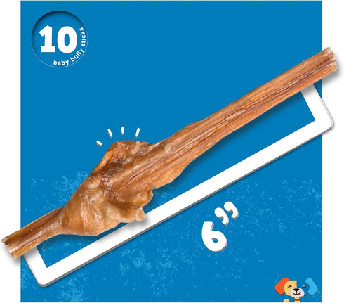 Jack&Pup Bladder Bully Sticks for Small Dogs - 6 Inch Baby Bully Stick Chew, Premium Grade All Natural Treats (10 Pack)