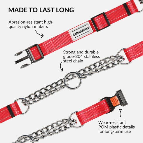 CollarDirect Martingale Dog Collar: Stainless Steel Chain, Quick Release Buckle, Reflective Red Collar, Large