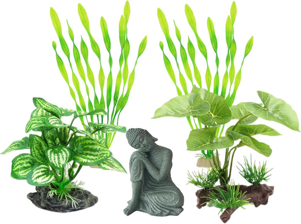 Fish Tank Decorations Set, Betta Fish Tank Accessories, Aquarium Buddha Statue and Artificial Plastic Plants Set