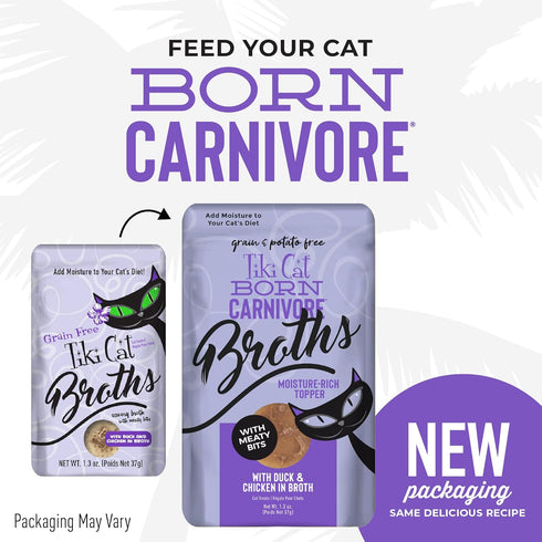 Tiki Cat Born Carnivore Broths, Duck & Chicken Recipe, Cat Food Topper, 1.3 oz. Pouch (Pack of 12)